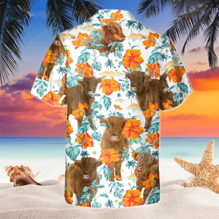 Hawaiian Shirt for Cow Lovers: Highland Bright Hibiscus Flowers Aloha Shirt for Men