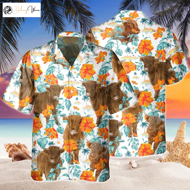 Hawaiian Shirt for Cow Lovers: Highland Bright Hibiscus Flowers Aloha Shirt for Men