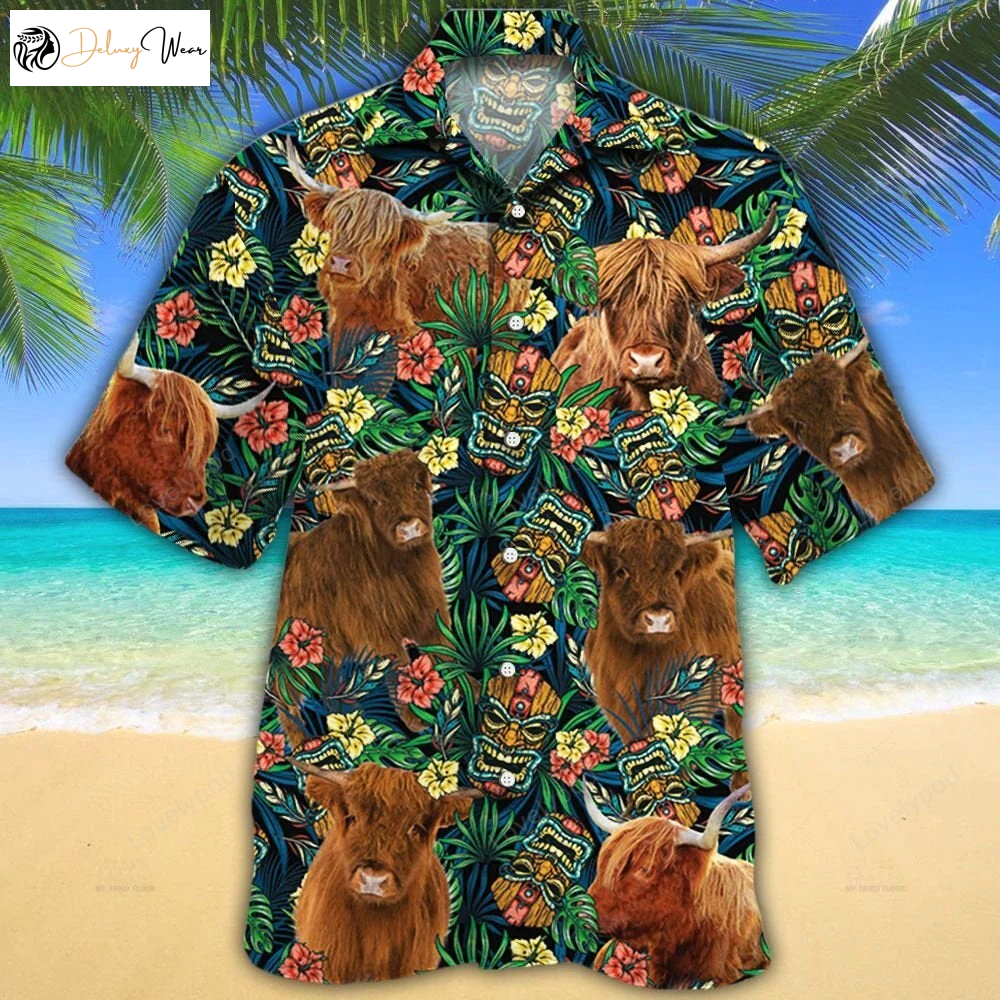 Hawaiian Shirt: Highland Cattle Lovers Tribal Tiki Mask – Stylish Unique and Fun!