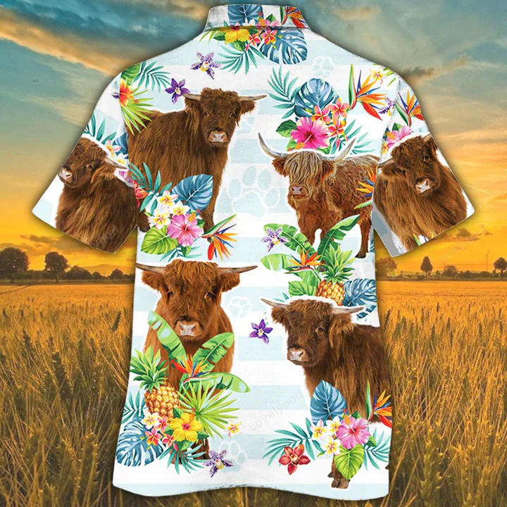Highland Cattle Tropical Flower Hawaiian Shirts – Perfect for Cow Lovers!