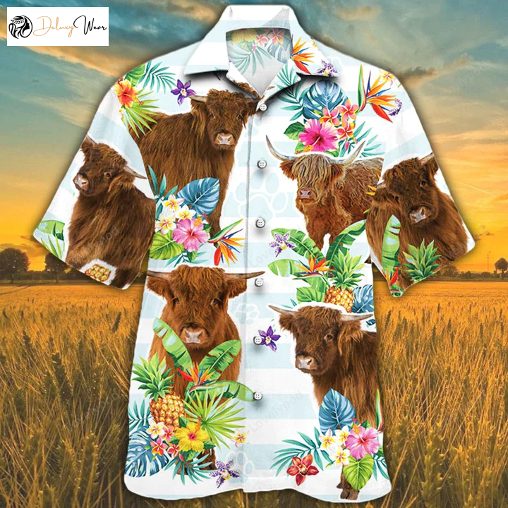 Highland Cattle Tropical Flower Hawaiian Shirts – Perfect for Cow Lovers!