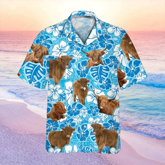 Highland Cow Blue Floral Hawaiian Shirt – Stylish Cow Lovers Shirt for Men