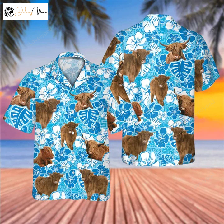 Highland Cow Blue Floral Hawaiian Shirt – Stylish Cow Lovers Shirt for Men