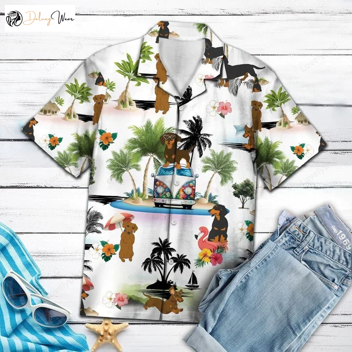 Hippie Van Dachshund Dog Hawaiian Shirt: Enjoy Vacation On Island! Short Sleeve Aloha Shirt for Men