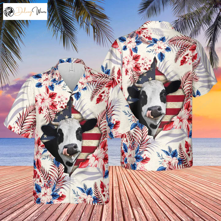 Holstein Face Hibiscus Flower 3D Hawaiian Shirt – Summer Aloha Shirt for Men and Women