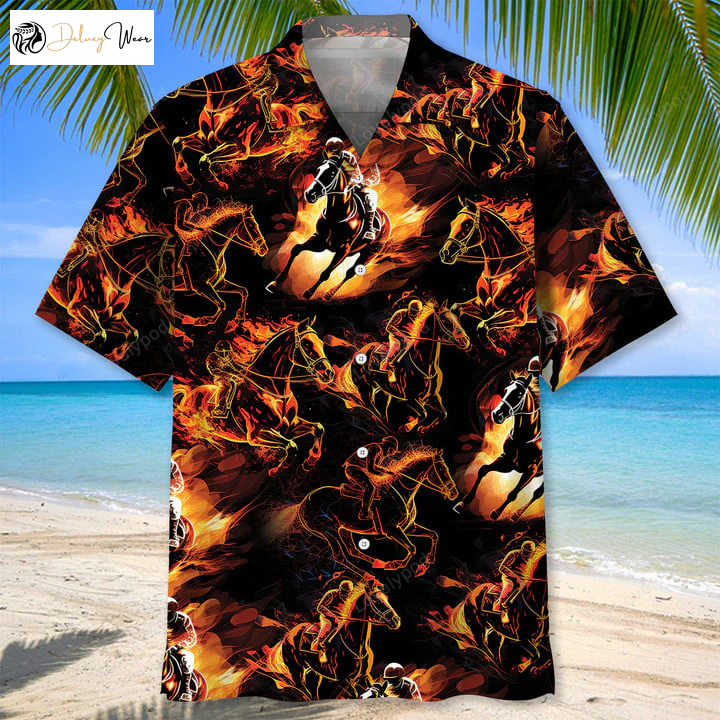 Men s Horse Racing Fire Hawaiian Shirt: Summer Beach Casual Short Sleeve Vacation Shirts