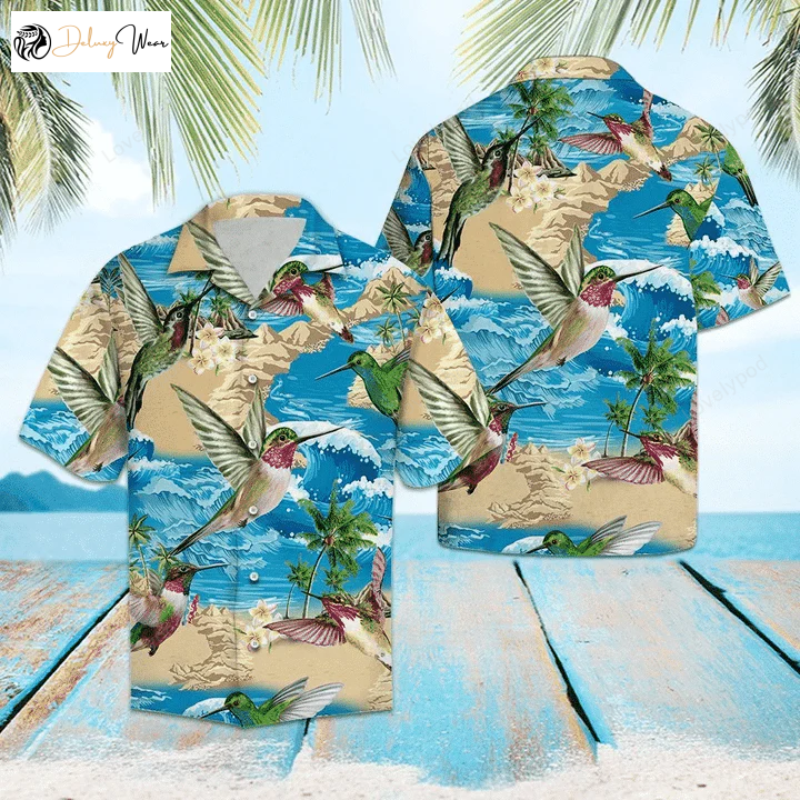 Hummingbird on Beach Hawaiian Shirt – Summer Blue Wave Pattern for Men & Women