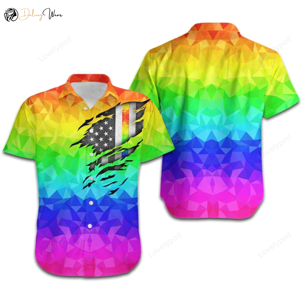 LGBT Pride Hawaiian Shirt: Rainbow Polygonal American Flag Hawaii Aloha Shirt