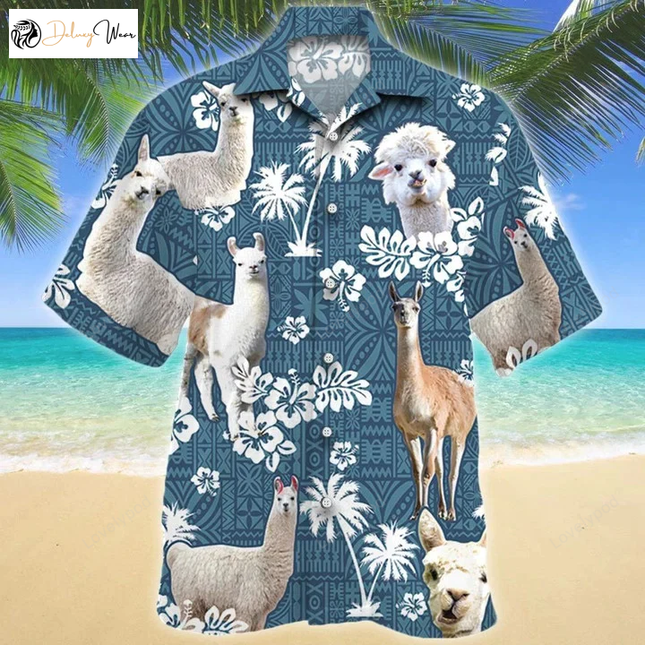Llama Blue Tribal Hibiscus Hawaiian Denim Shirt – Unique Jean Pattern
