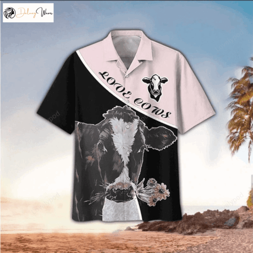Cow Flower Art Hawaiian Shirt: Love Cows Casual Button Down Short Sleeves Unisex – Hawaii Shirt Men