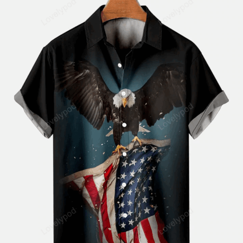 4th of July Men s Hawaiian Shirt: American Flag Eagle Print Patriotic Design Short Sleeve