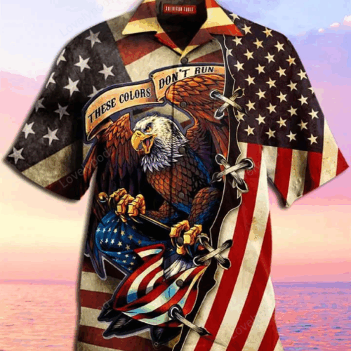 4th of July Men s Hawaiian Shirt: American Flag Eagle Print Patriotic Design Short Sleeve