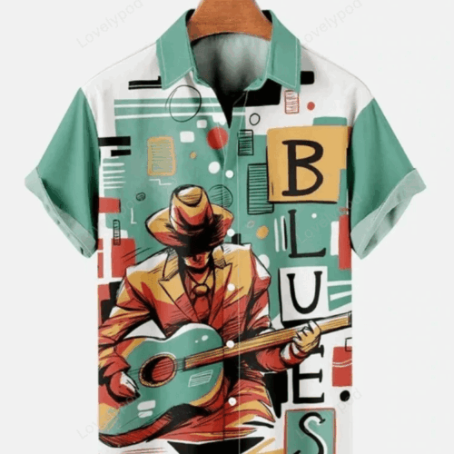 Blues Music Guitar Print Hawaiian Shirt for Men – Casual & Short Sleeve