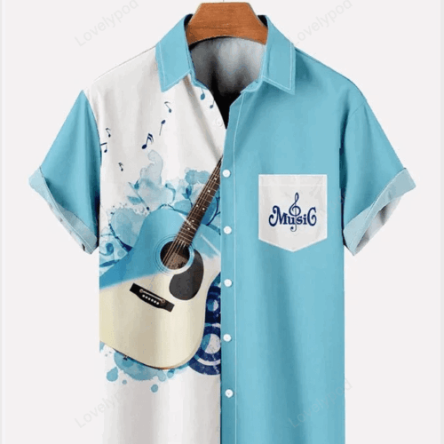 Men s Guitar Print Hawaiian Shirt: Casual & Loose Short Sleeve Design