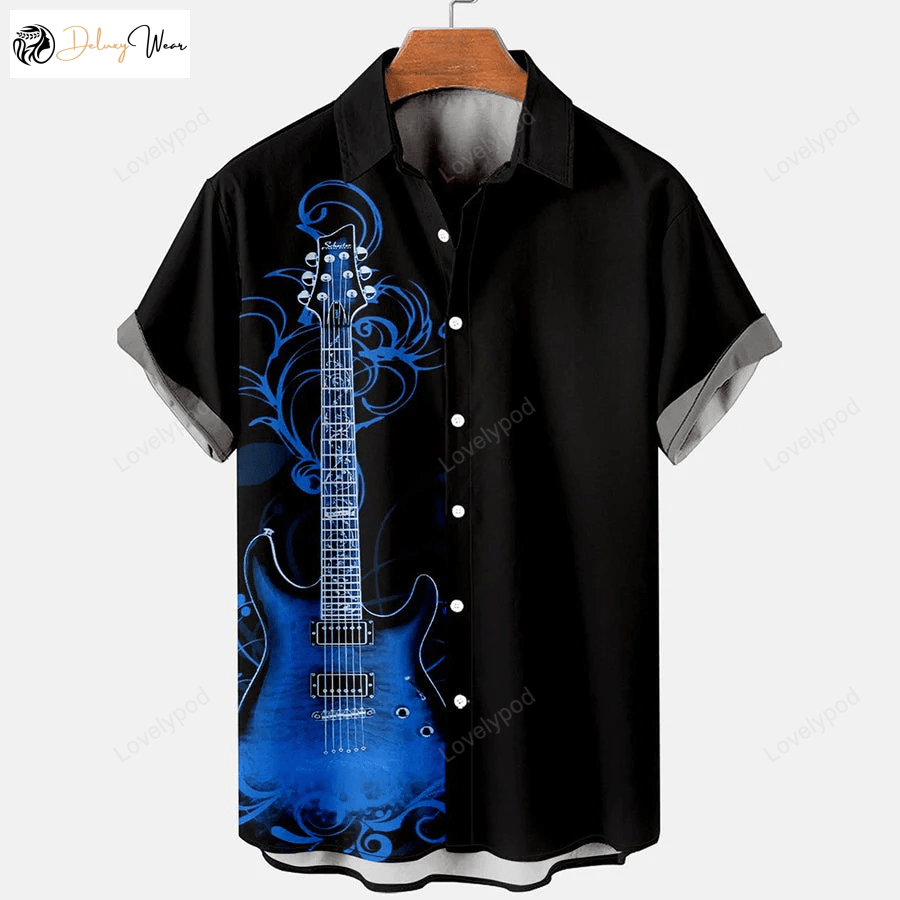 Men s Guitar Print Hawaiian Shirt: Casual & Loose Short Sleeve Design
