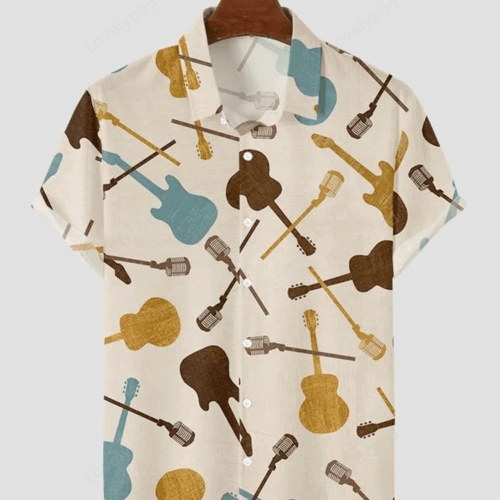 Men s Simple Music Guitar Print Hawaiian Shirt – Casual & Stylish Clothing for Men