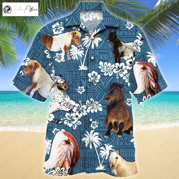 Stylish Miniature Horse Blue Tribal Hawaiian Shirt Horse Aloha Shirts for Men & Women