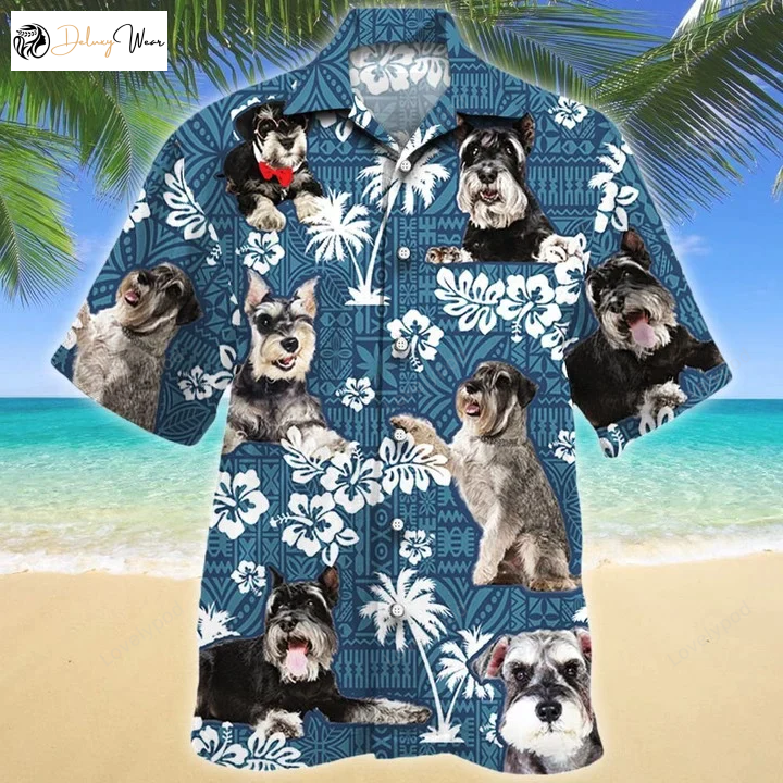 Stylish Miniature Schnauzer Hawaiian Shirt: Blue Tribal Pattern for Dog Lovers