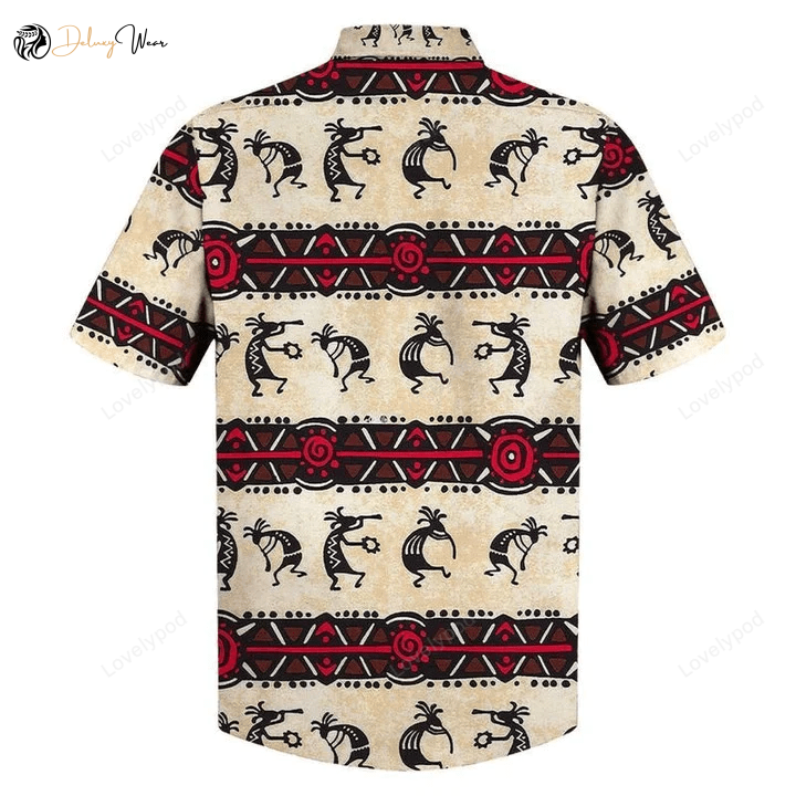 Stylish Native American Tribal Design Hawaiian Shirt - Black & Red Pattern