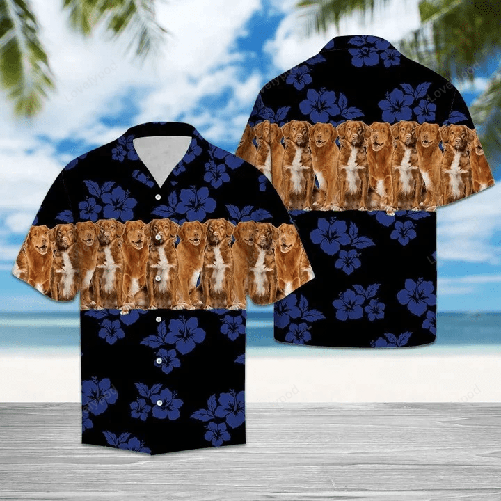 Stylish Nova Scotia Duck Tolling Retriever Hawaiian Shirt – Men & Women s Navy Hibiscus Aloha Shirt