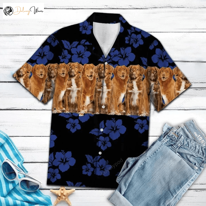 Stylish Nova Scotia Duck Tolling Retriever Hawaiian Shirt – Men & Women s Navy Hibiscus Aloha Shirt