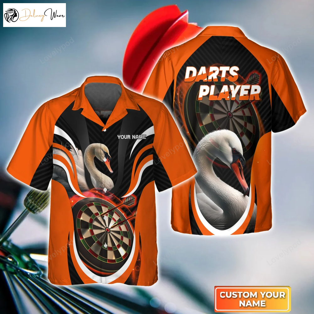 Customized 3D Swan & Darts Hawaiian Shirt for Dart Team Players – Orange Bullseye Dartboard Design