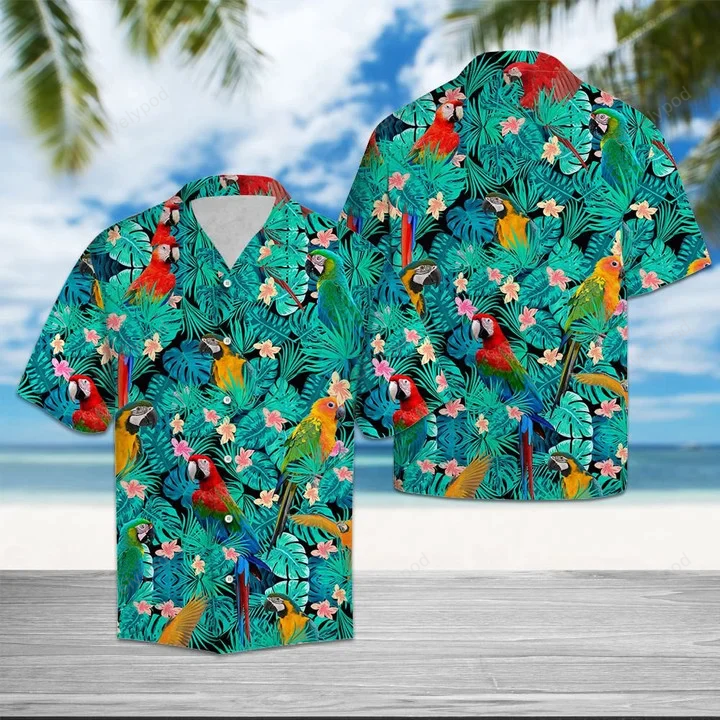 Vibrant Parrot Hawaii Shirt for Men: Tropical Palm Leaves Print Ideal Summer Vacation Gift – Hawaiian Shirt