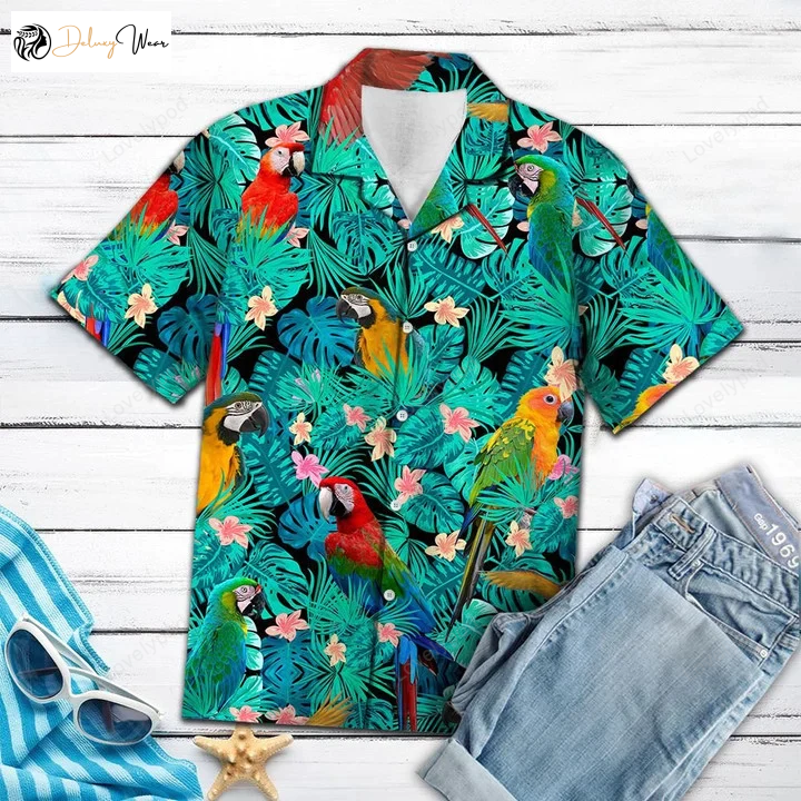 Vibrant Parrot Hawaii Shirt for Men: Tropical Palm Leaves Print Ideal Summer Vacation Gift – Hawaiian Shirt