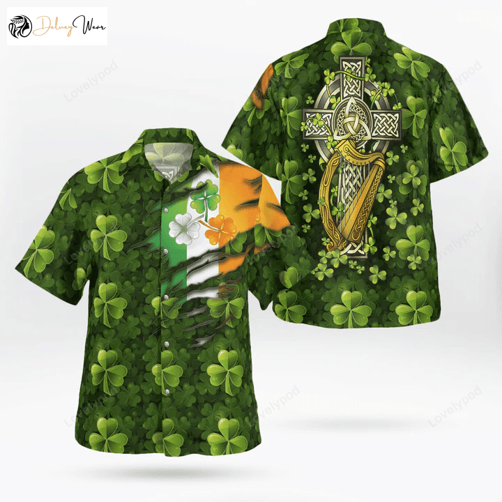 Get Festive with Patrick s Day Hawaiian Shirt – Green Clover Background & Flag – Hawaii Shirt
