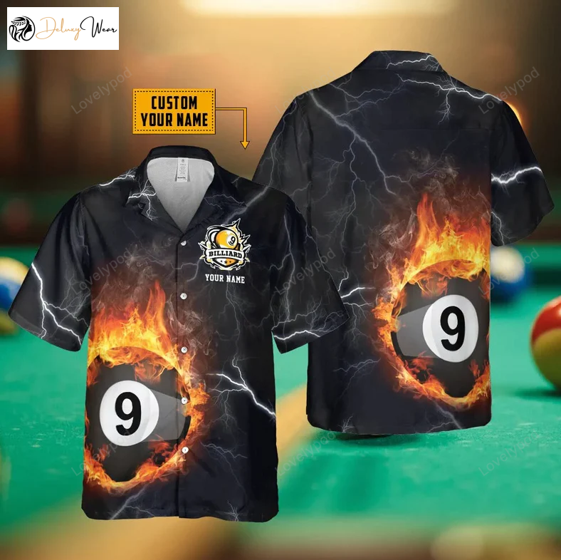 Flaming Hawaiian Shirt: Personalized Billiard 9 Ball Design