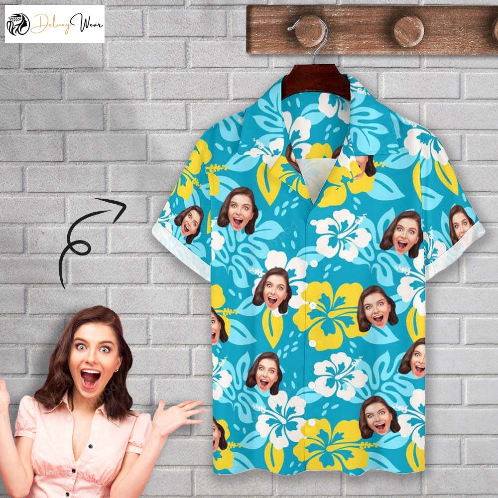 Design Your Own Hawaiian Shirt: Personalized Cuban Collar with Face Flowers for Husband or Boyfriend