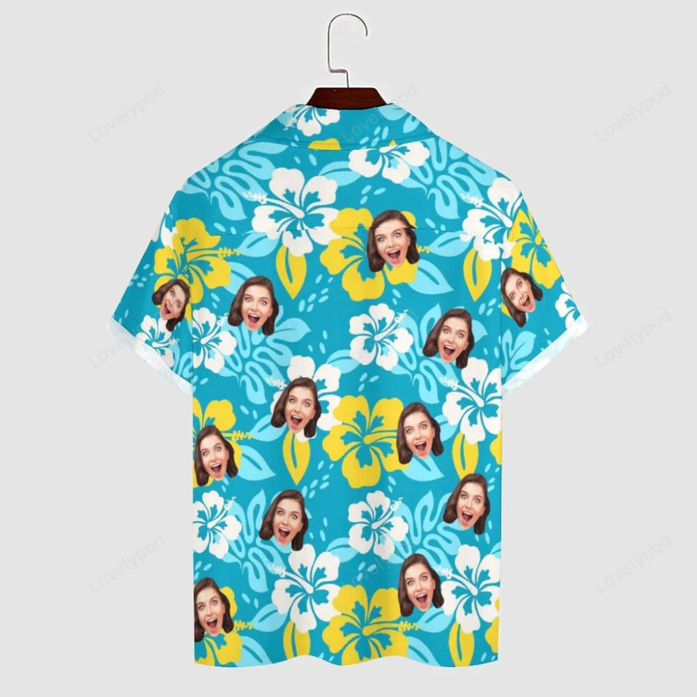 Design Your Own Hawaiian Shirt: Personalized Cuban Collar with Face Flowers for Husband or Boyfriend
