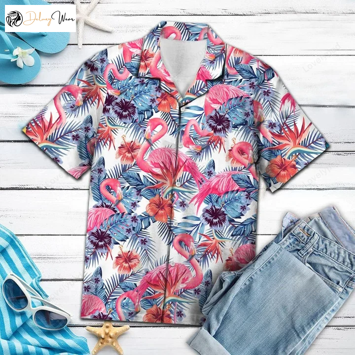 Vibrant Pink Flamingo in White Hawaiian Shirt with Red Hibiscus – Tropical Delight!