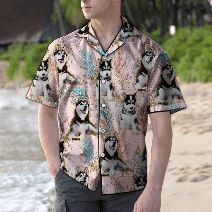 Boho Feather Pattern Hawaiian Shirt: Playful Siberian Husky Design