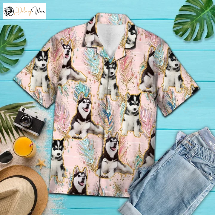Boho Feather Pattern Hawaiian Shirt: Playful Siberian Husky Design