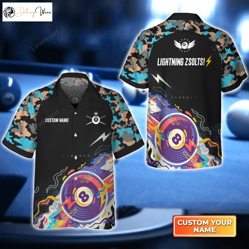 Billiard 3D Hawaiian Shirt: Pool 8 Ball Black Blue Watercolor – Ideal for Teams & Players