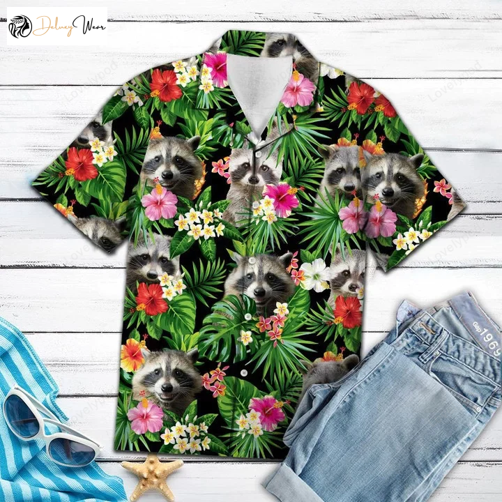 Vibrant Flowers and Leaves Hawaiian Shirt with Raccoon – Perfect for Summer
