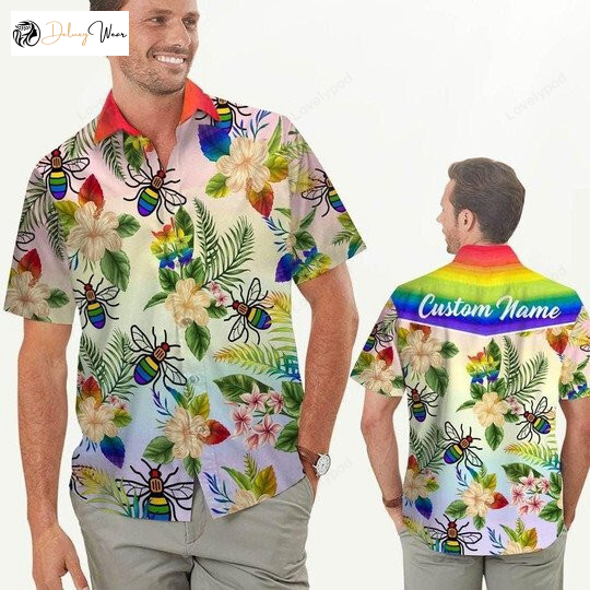 Custom Rainbow Bee Hibiscus LGBT Pride Hawaiian Shirt Gift for Men Women Fans – Personalized Names