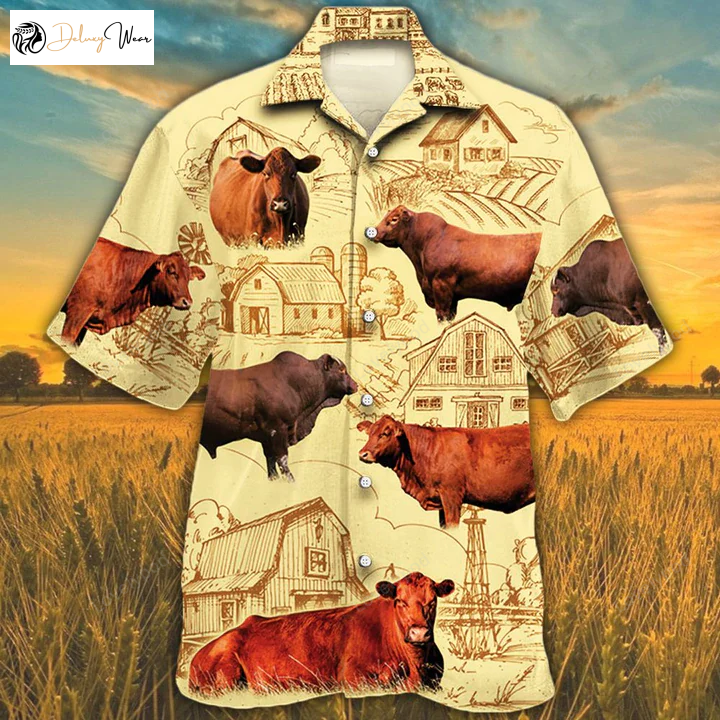 Red Angus Cattle Hawaiian Shirt – Farm Cow Aloha Short Sleeve for Men & Women