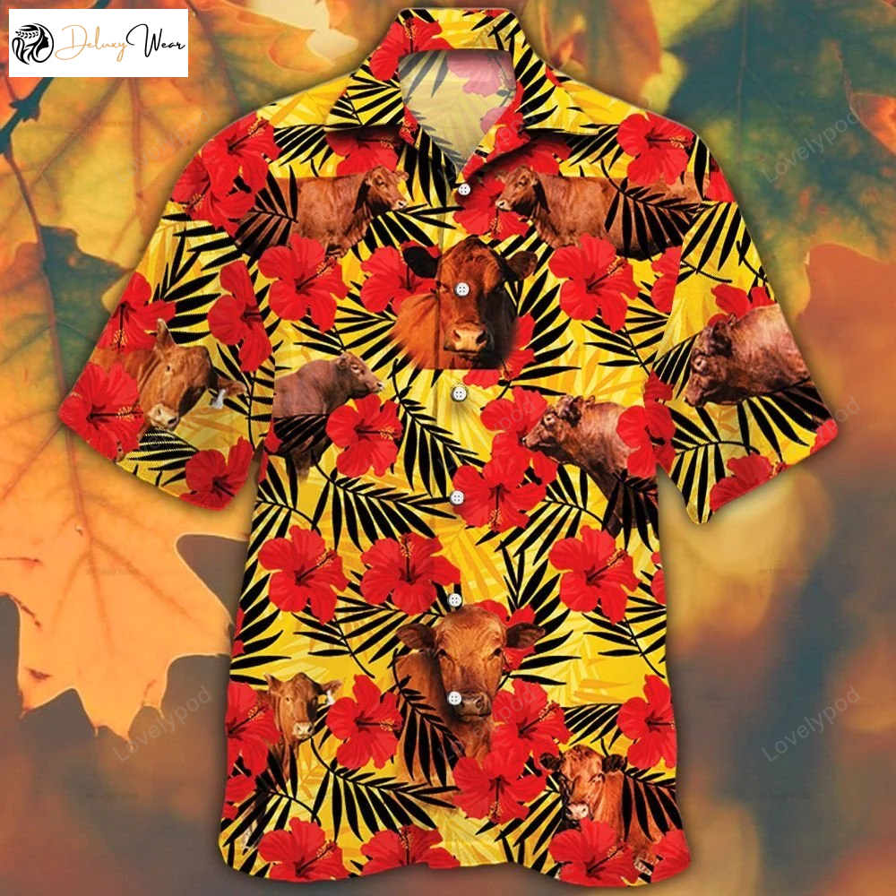 Stylish Red Angus Cattle Lovers Hawaiian Shirt with Hibiscus Flowers