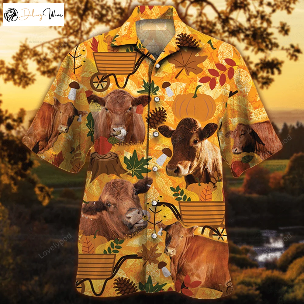 Fall in Love with Red Angus Cattle: Orange Hawaiian Shirt for Nature Lovers