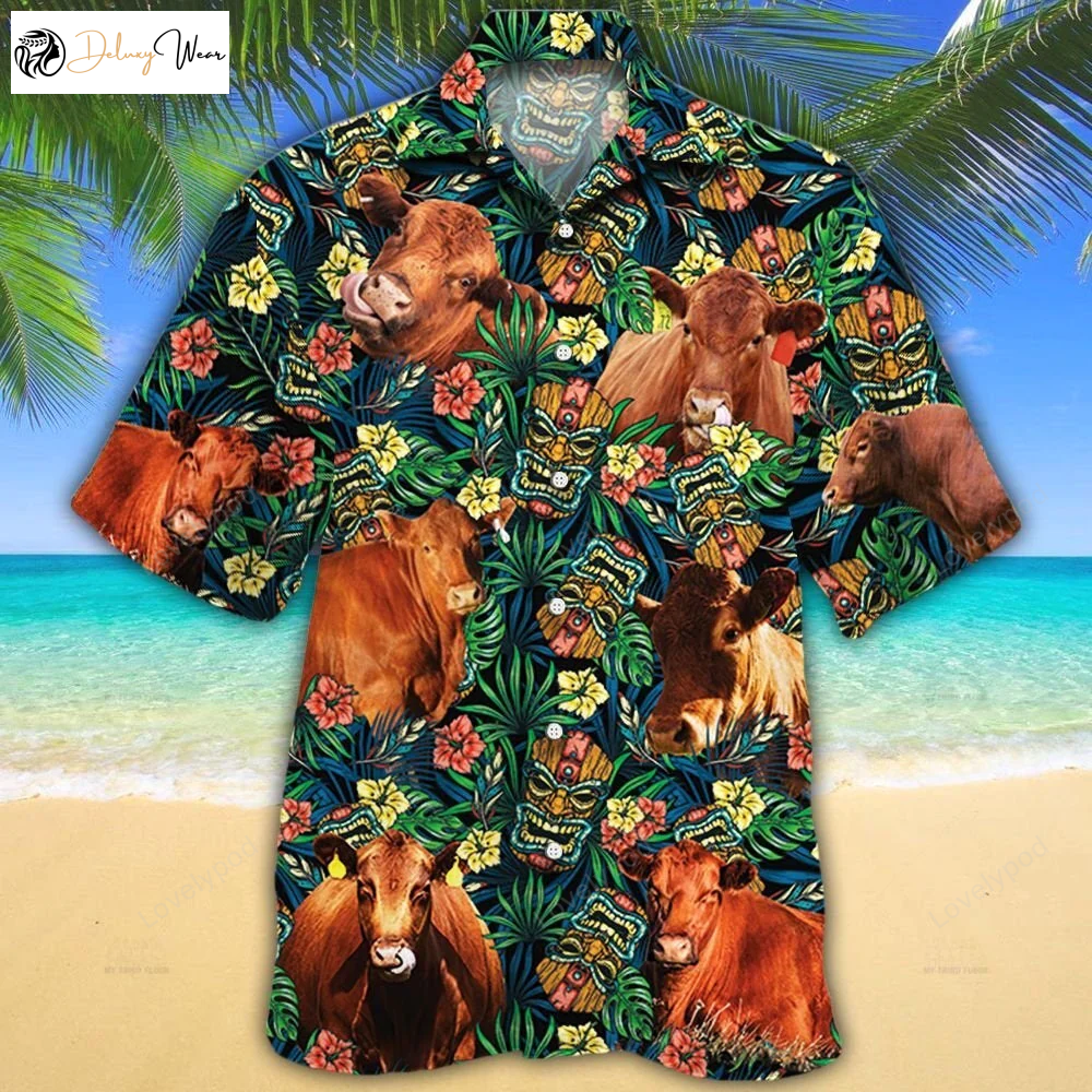 Red Angus Cattle Lovers Tribal Tiki Mask Hawaiian Shirt – Unique & Stylish Apparel