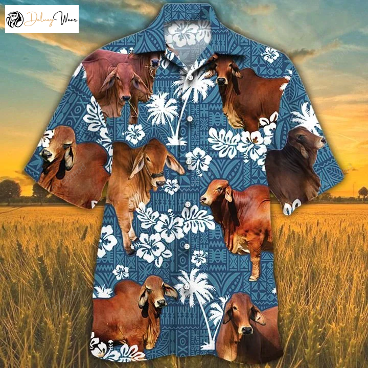 Red Brahman Cattle Lovers Hawaiian Shirt Blue Tribal Pattern Cow Aloha Shirt for Men & Women