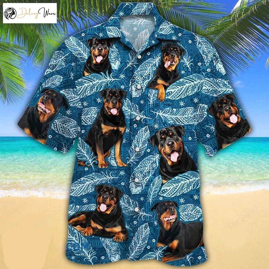 Blue Feather Hawaiian Shirt for Rottweiler Dog Lovers - Hawaii Inspired Apparel