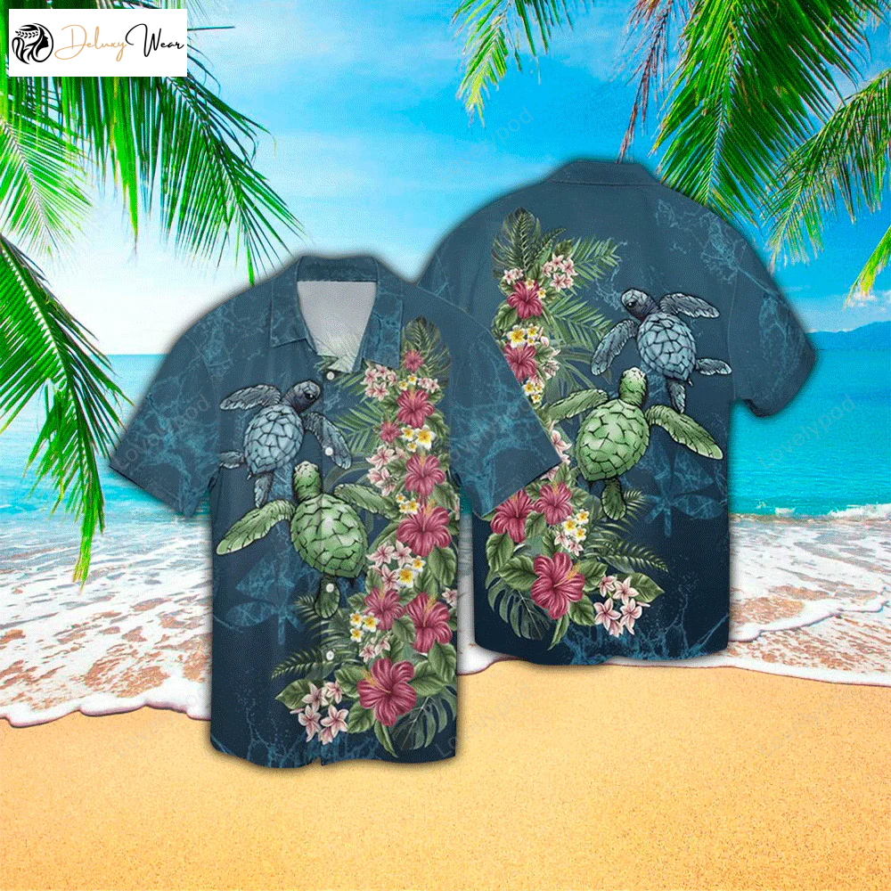 Stylish Sea Turtle Hawaiian Shirt – Tropical Leaf Flower 3D Print Polyester