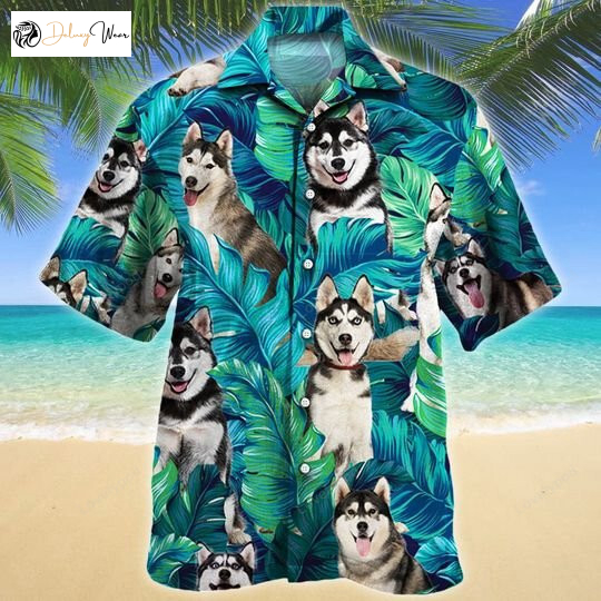 Siberian Husky Hawaiian Tropical Shirt: Blue & White Men s Hawaiian Shirt with Plant Pattern