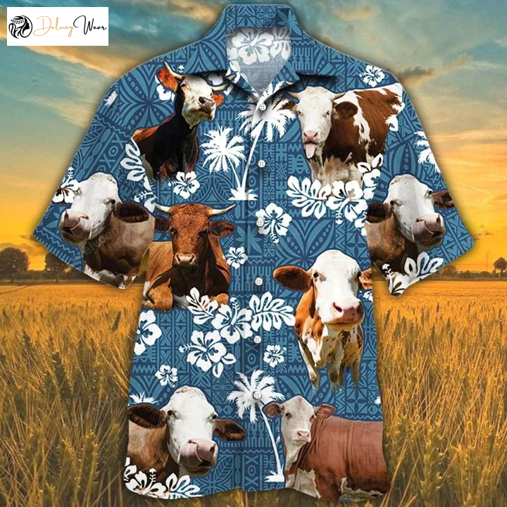 Simmental Cattle Lovers Blue Tribal Hawaiian Shirt – Cow Aloha Shirt for Men & Women