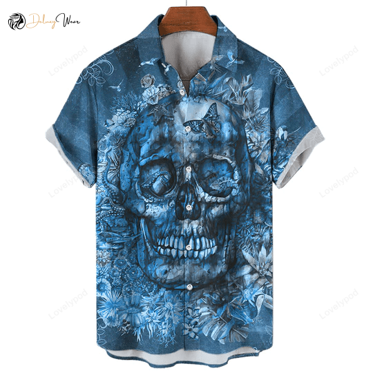 Skull Blue Hawaiian Shirt for Men – Short Sleeve Aloha Shirt Perfect Gift for Skull Lovers