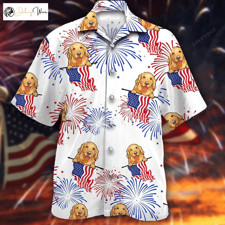 Stylish Smiley Face Golden Retriever Hawaiian Shirt – Perfect for 4th of July!