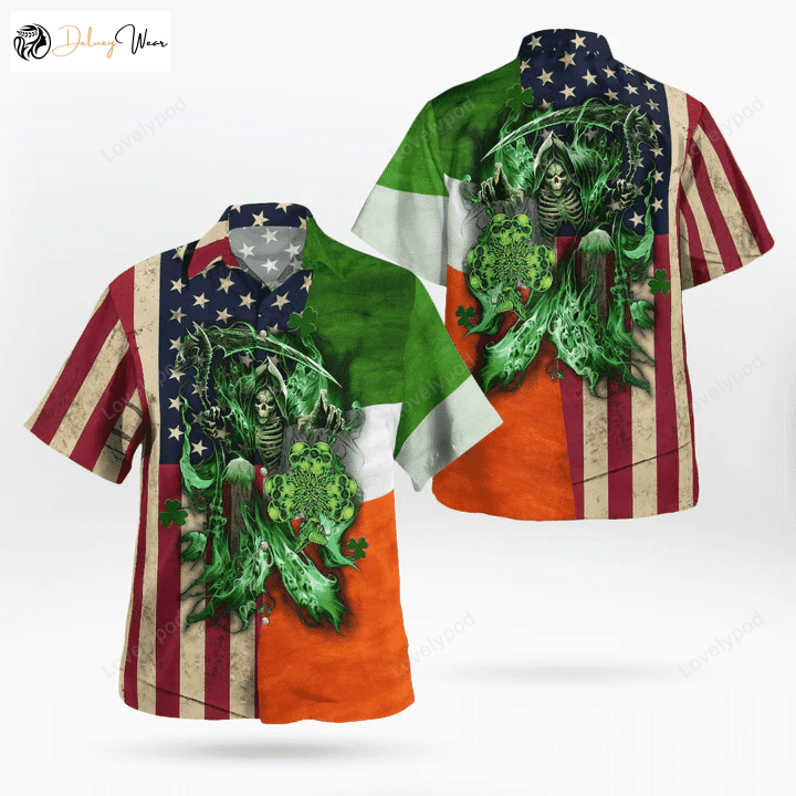 St Patrick s Day Hawaiian Shirt: Irish Grim Reaper Irish Flag & American Flag Design